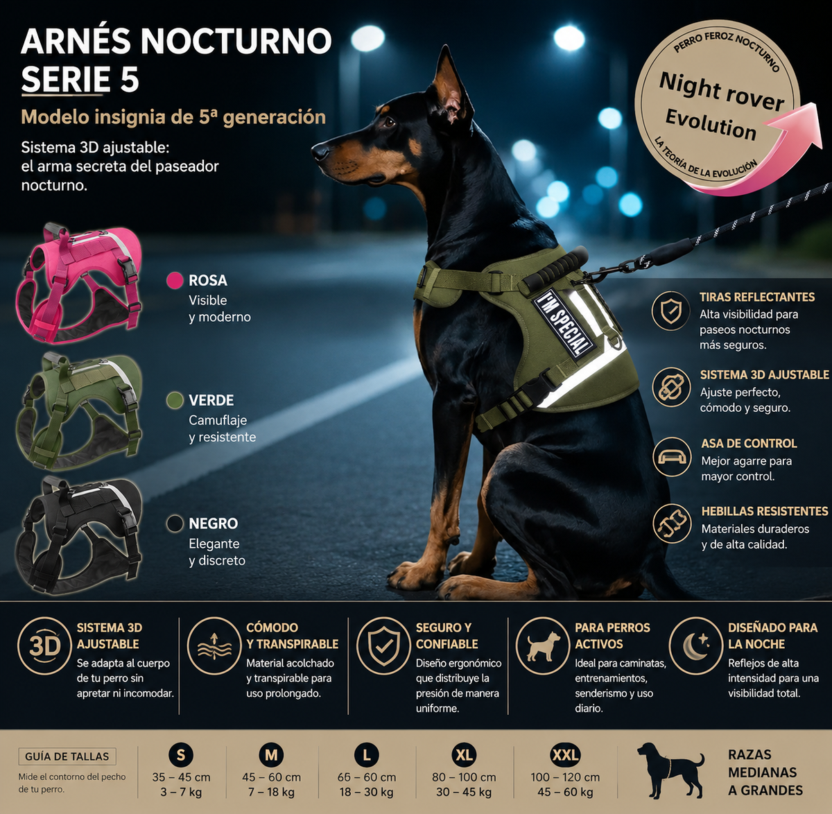 Arnés táctico reflectante para perros. Ajustable