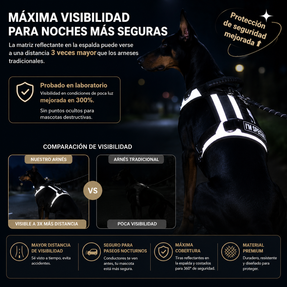 Arnés táctico reflectante para perros. Ajustable
