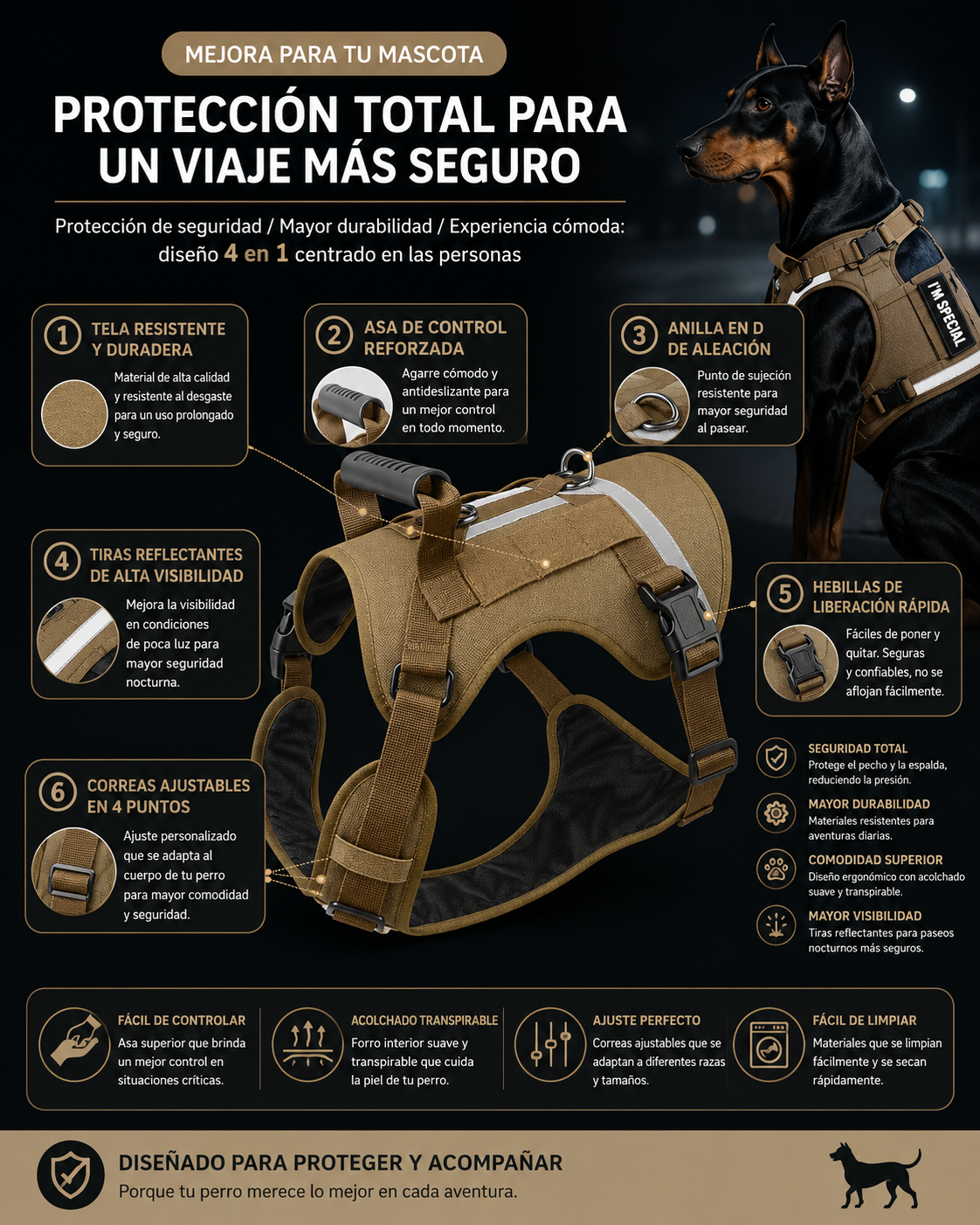 Arnés táctico reflectante para perros. Ajustable