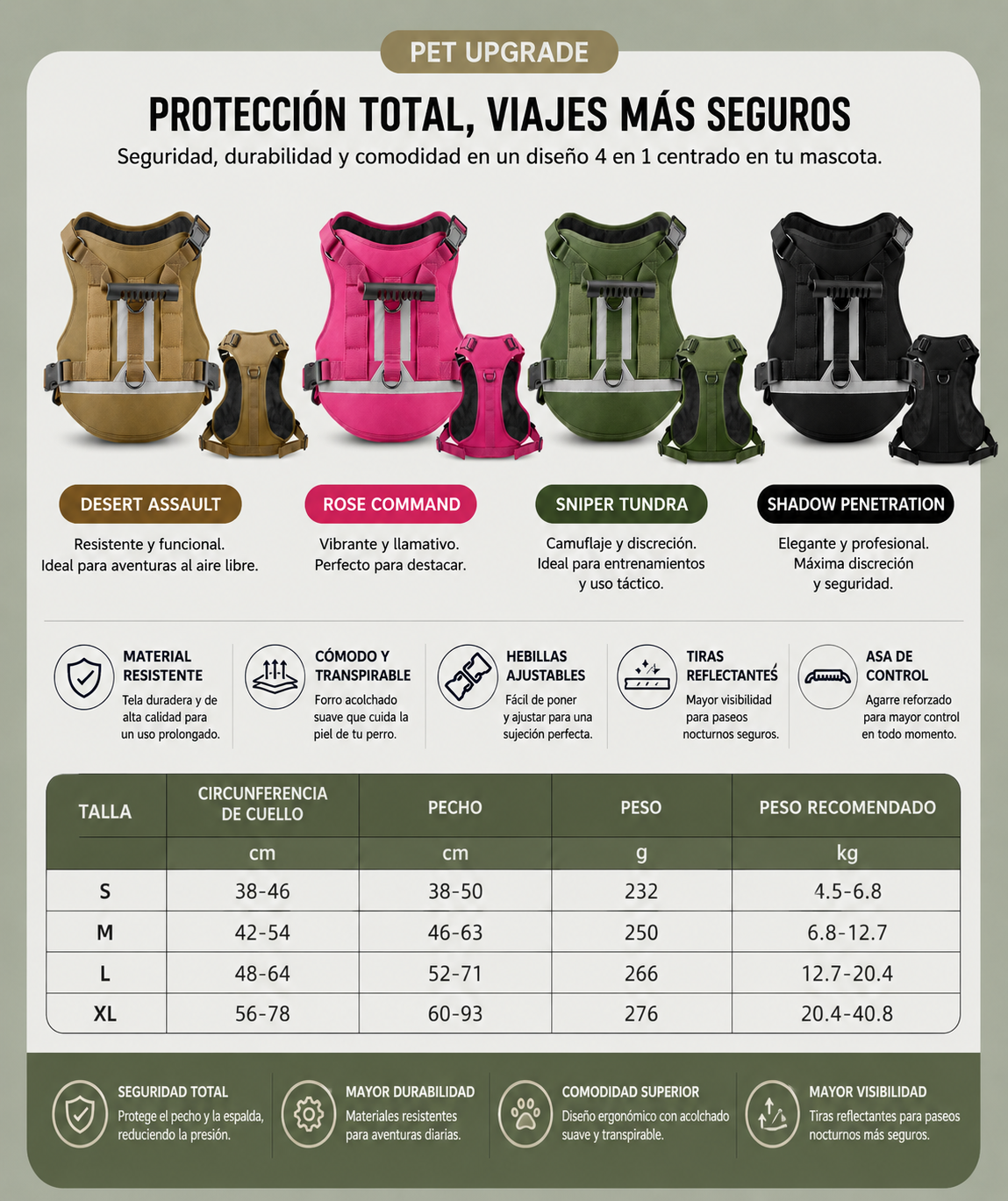 Arnés táctico reflectante para perros. Ajustable