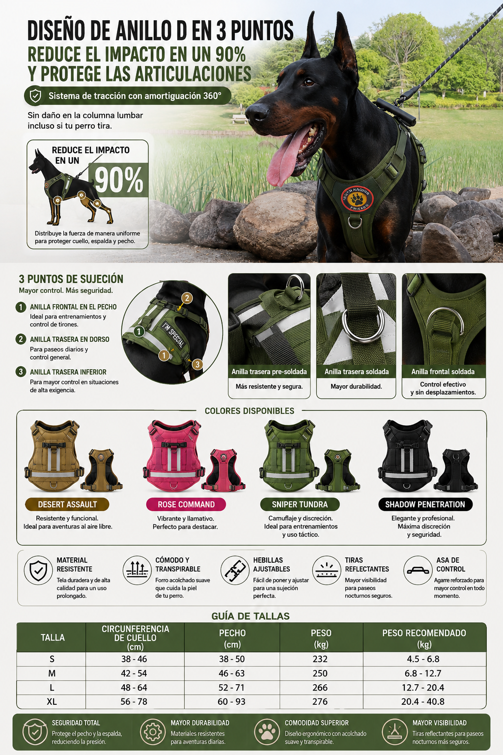 Arnés táctico reflectante para perros. Ajustable