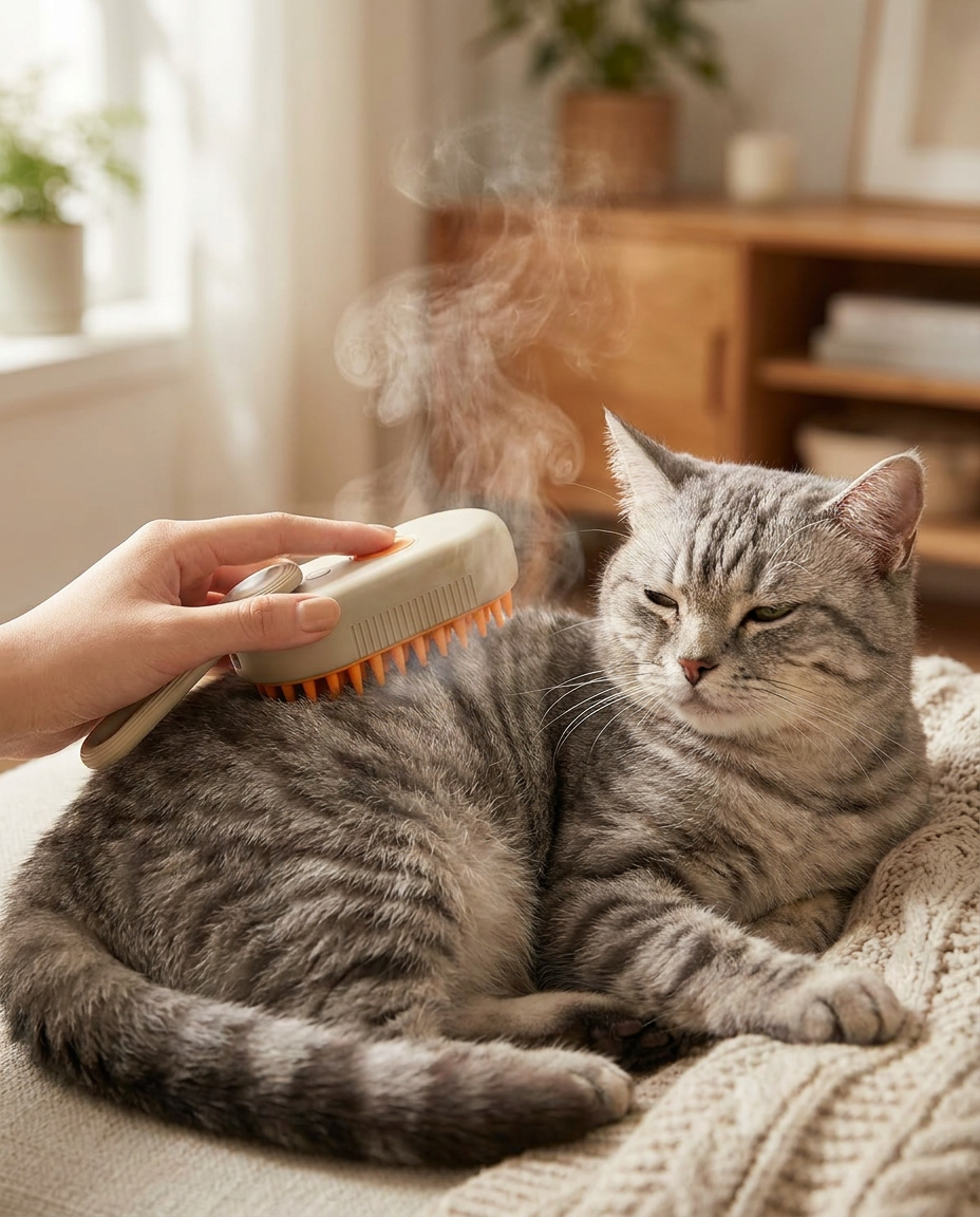 Mano usando el cepillo de vapor sobre un gato relajado